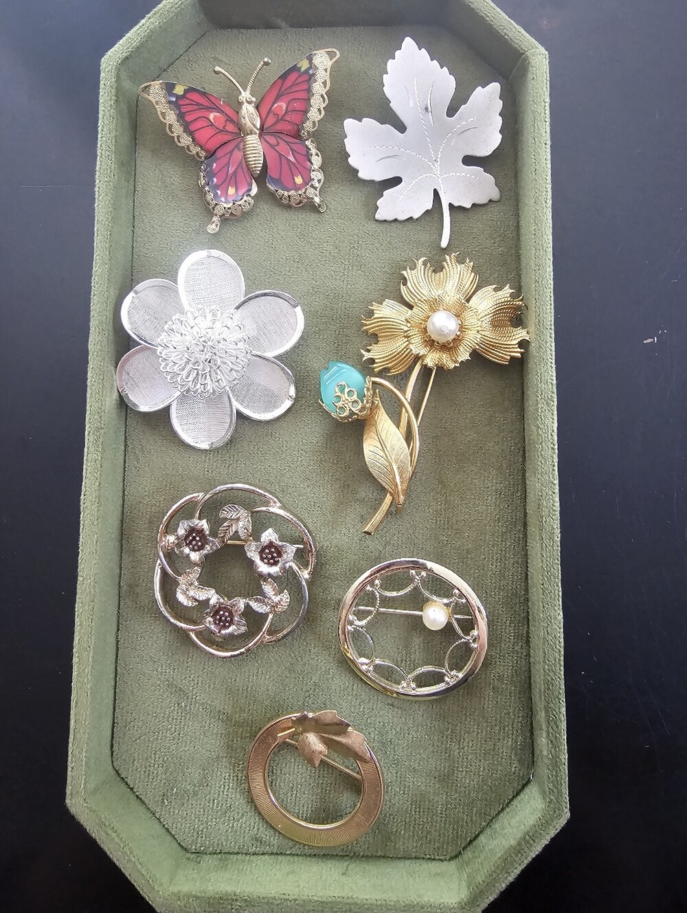 Source Unknown Multi-Brooch Set with Red Butterfly and Gold Floral Accents